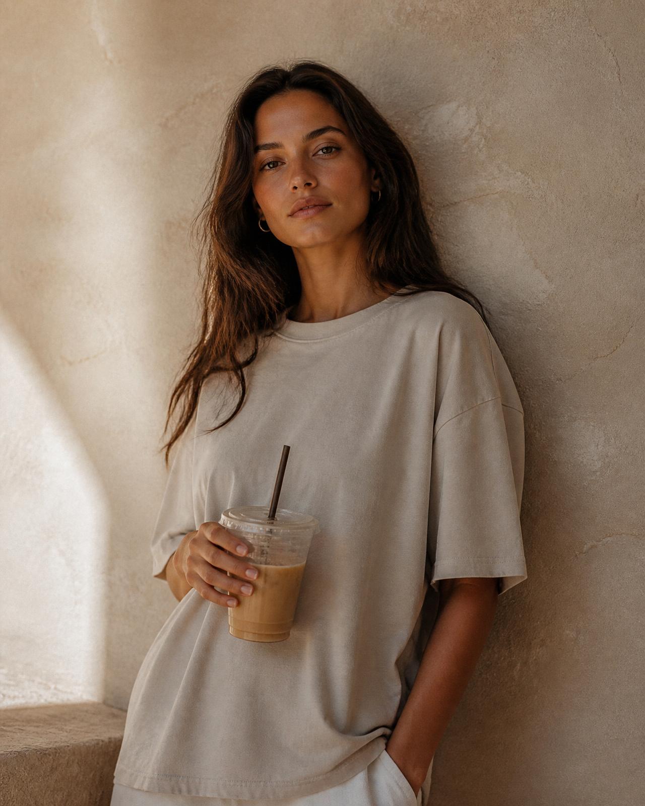 Model in a sand-colored oversized tee holding an iced coffee