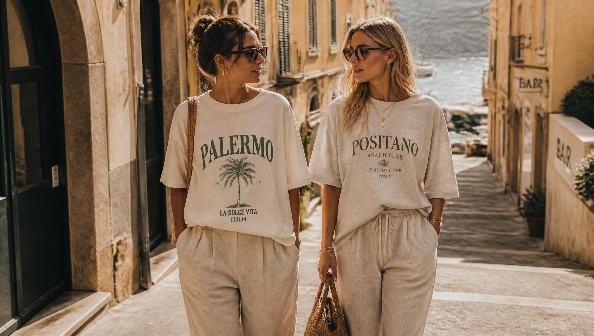 Two women in oversized graphic tees on a sunlit European coastal street